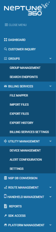 Neptune 360 side menu with some options expanded to show submenu options 